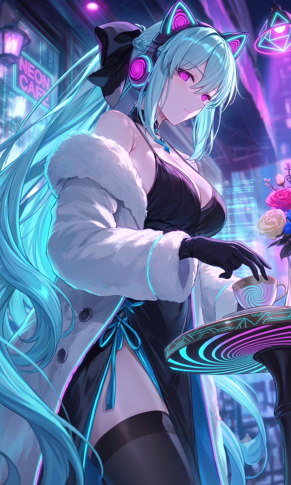 Master Pixel with cyan hair and hypnotic neon eyes in a cyberpunk café